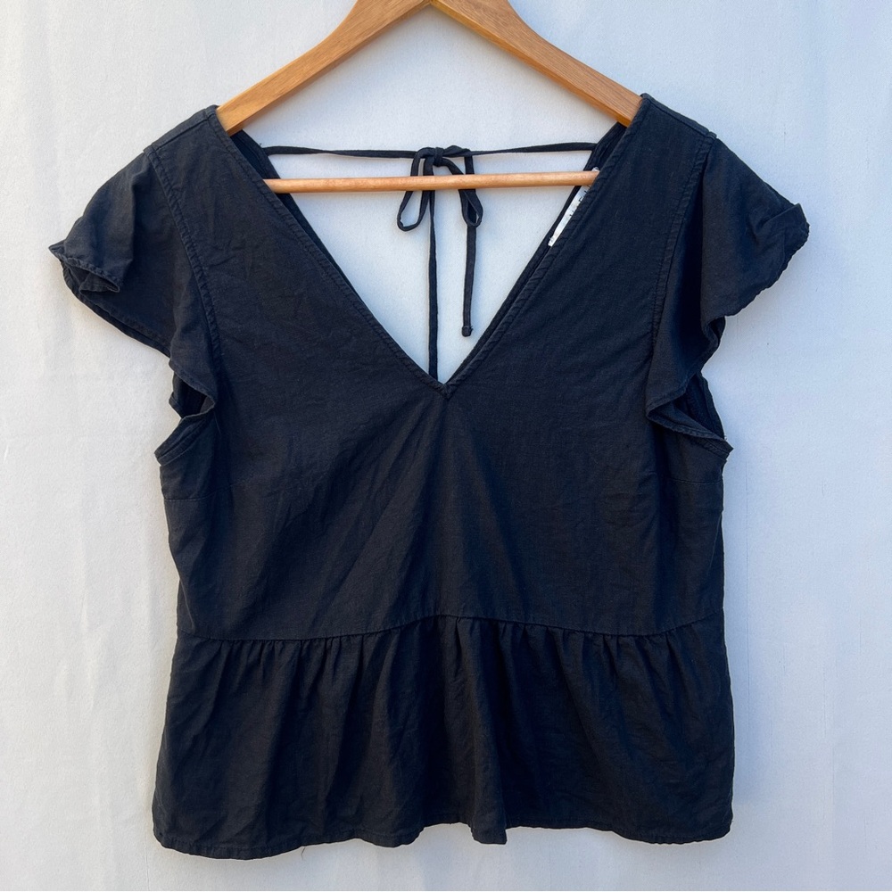 Abercrombie‎ Linen Blend Trapeze Babydoll Top  Flutter Sleeve Tie Black Sz Small